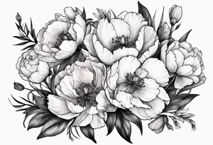 Mix of peonies, iris, poppy, cosmos, and gladiolus flowers tattoo idea