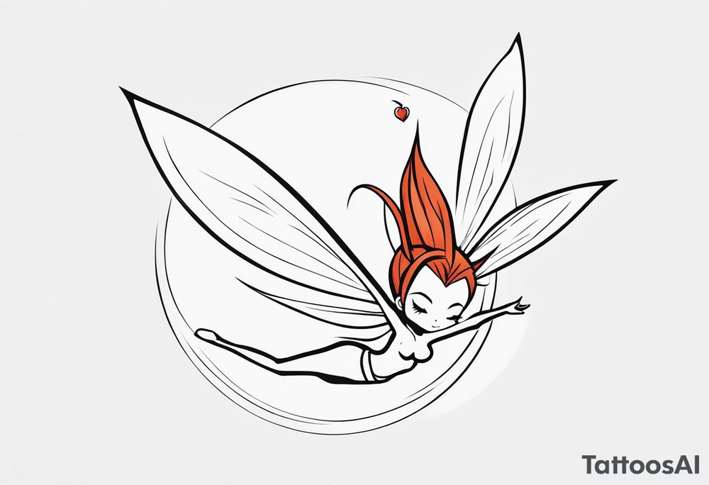 A fairy with a tail inspired by the logo of the anime show called Fairy Tail in a fetal position leaning in and forward while in the air floating tattoo idea