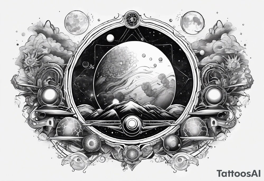 elements of nature and engineering in solar system with OM symbol in center tattoo idea