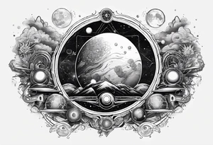 elements of nature and engineering in solar system with OM symbol in center tattoo idea