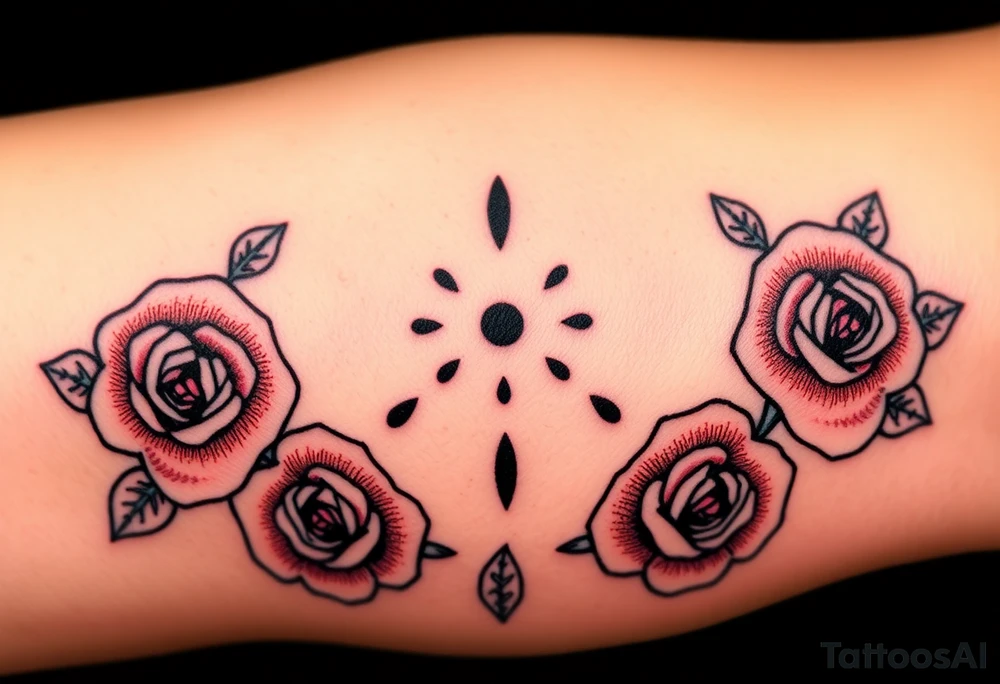 A mole with bold black outlines, and red roses surrounding it for a classic old-school aesthetic tattoo idea