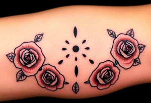 A mole with bold black outlines, and red roses surrounding it for a classic old-school aesthetic tattoo idea