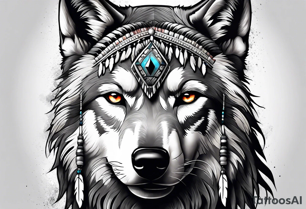 dark photo realistic woman, native american, wolf, blood tattoo idea