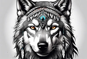 dark photo realistic woman, native american, wolf, blood tattoo idea
