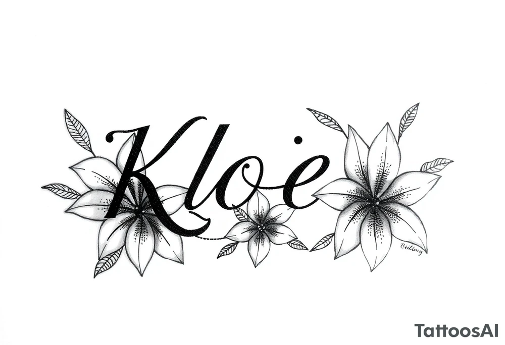 The word Kloee surrounded by lily flowers tattoo idea