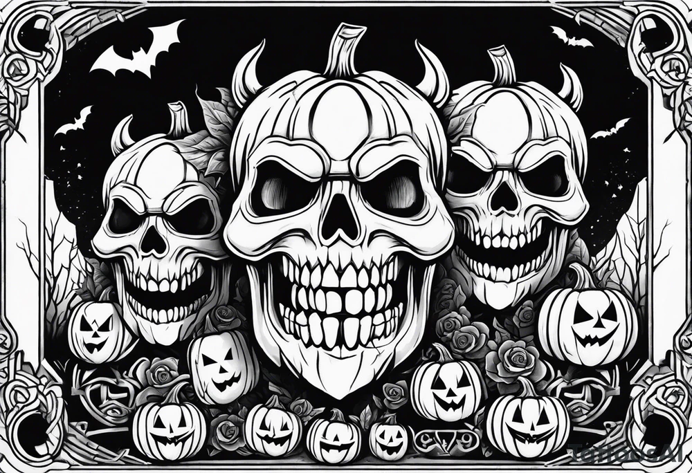 evil jack-o-lanterns on human heads with bats in caves and penny wise in the background cemetary payground tattoo idea