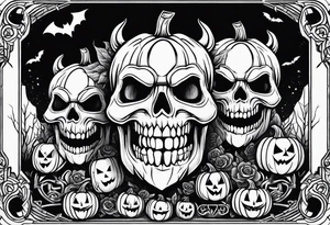 evil jack-o-lanterns on human heads with bats in caves and penny wise in the background cemetary payground tattoo idea