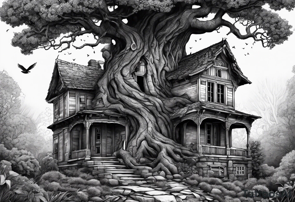 the tree of life growing out of a broken house with the devine child at its doorsteps tattoo idea