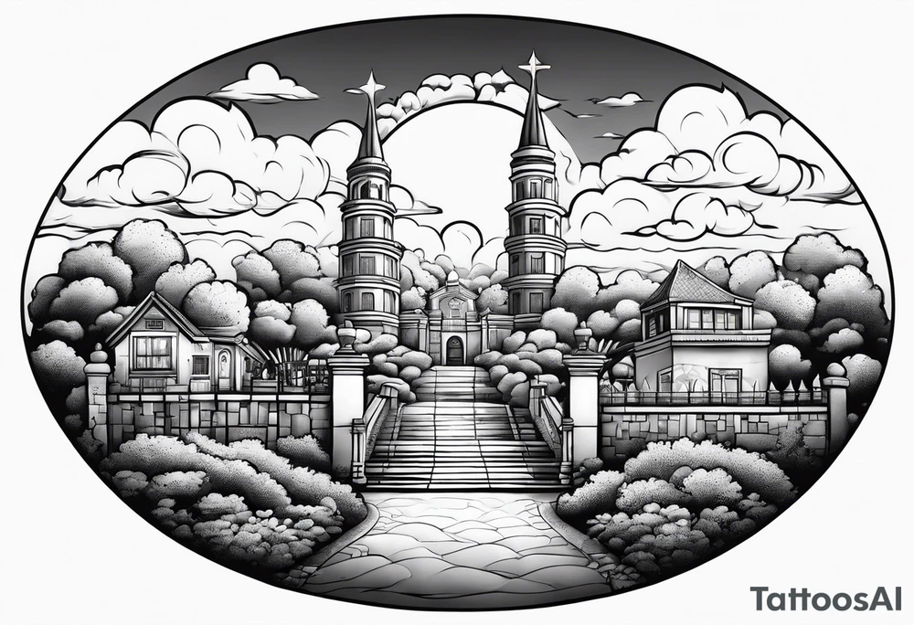 heaven summer town with tower houses gate entrance 
 in circle transparent clouds  vignette tattoo ink tattoo idea