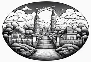 heaven summer town with tower houses gate entrance 
 in circle transparent clouds  vignette tattoo ink tattoo idea