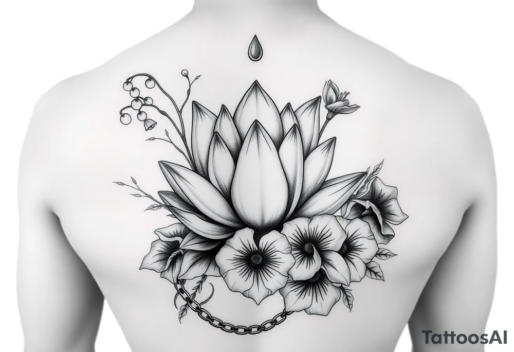 Lotus surrounded by Lilly of the valley, iris, and morning glory flowers. A heart chain and chain link weaved through whole tattoo tattoo idea