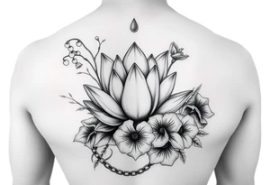 Lotus surrounded by Lilly of the valley, iris, and morning glory flowers. A heart chain and chain link weaved through whole tattoo tattoo idea