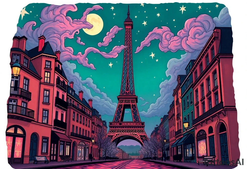 Tim Burton’s paris streets with effel tower from outside view is the street abandoned and dripping with muted reds, dusty pinks, and eerie green glow purple and cyan smokey clouds swirl and dance in the moonlit night sky filled with twinkling stars  tattoo idea tattoo idea