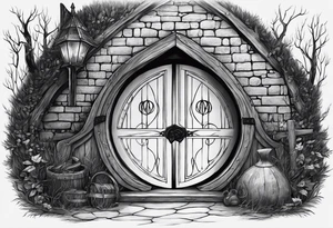 Lord of the rings and Harry Potter movie mashup. Small and simple. Not too much artistic detail. Hobbit door hole, wands, elvish writing, deathly hallows tattoo idea