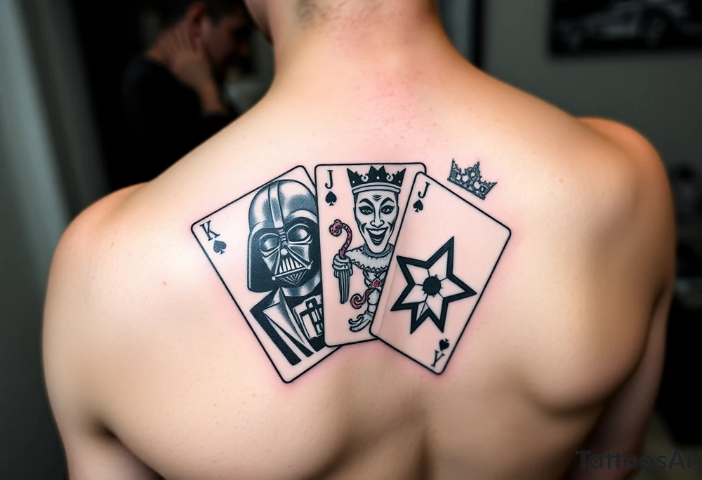 4 cards of a deck, Darth Vader, joker, army star, princess crown tattoo idea