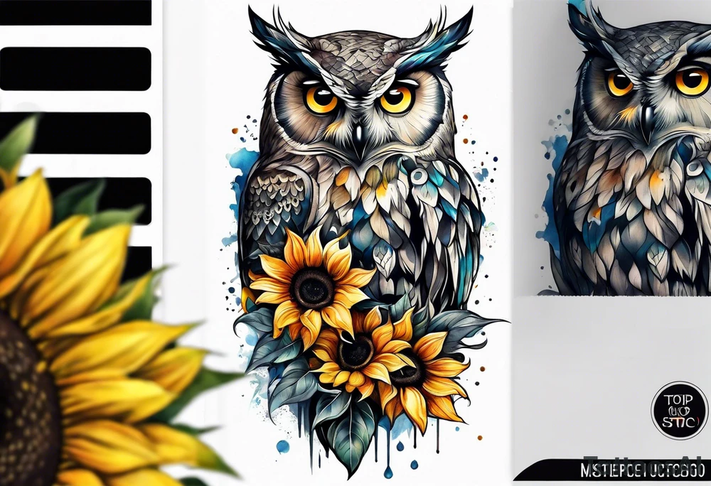 Owl with sunflowers leg sleeve tattoo idea