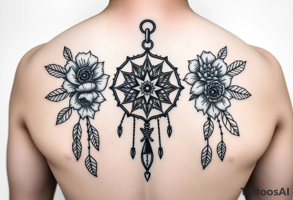Boho dream catcher with compass and anchor Beautiful flowers and an ornamental chandelier like look tattoo idea