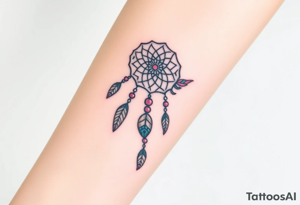 native dreamcatcher with flowing feathers and sacred beads tattoo idea
