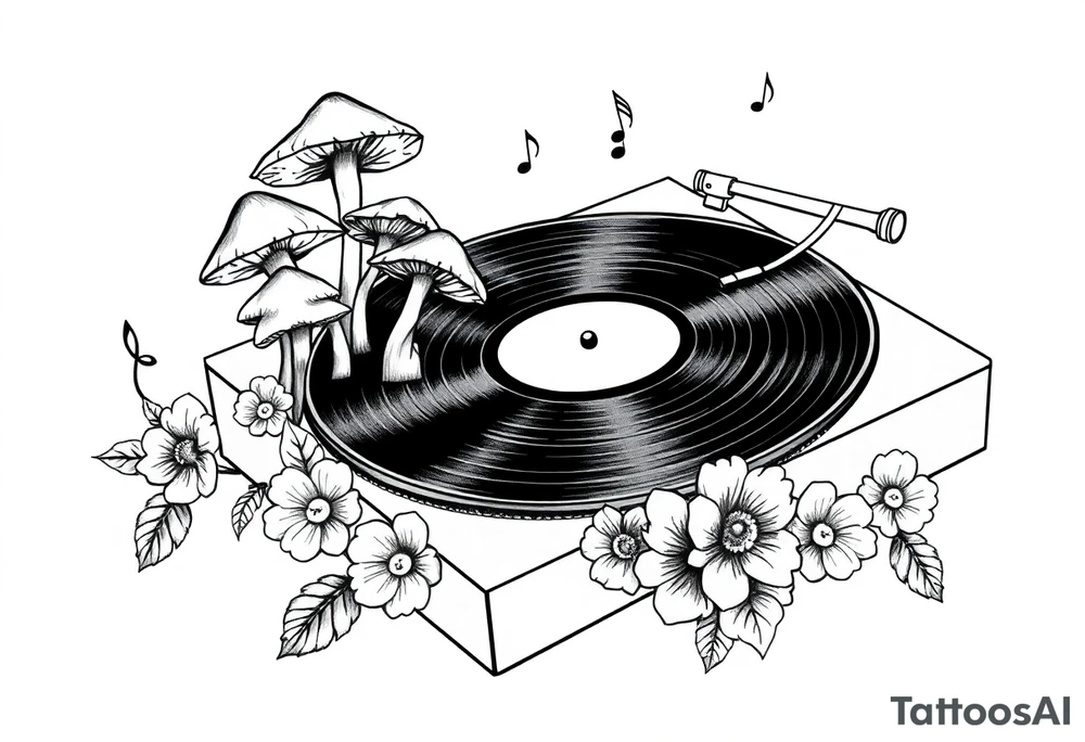 vinyl record player with mushrooms, flowers, and music notes around it tattoo idea
