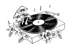vinyl record player with mushrooms, flowers, and music notes around it tattoo idea