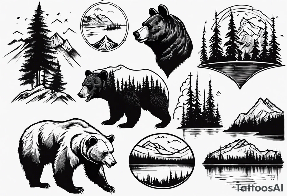 bear head right above the forest line with a lake below tattoo idea bear head right above the forest line with a lake below tattoo idea