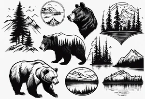 bear head right above the forest line with a lake below tattoo idea