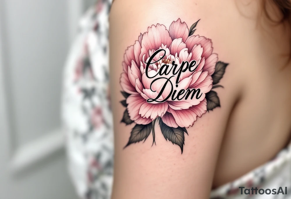 "Carpe Diem" in fine-line black ink curling around a soft pink peony. tattoo idea