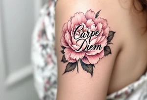 "Carpe Diem" in fine-line black ink curling around a soft pink peony. tattoo idea