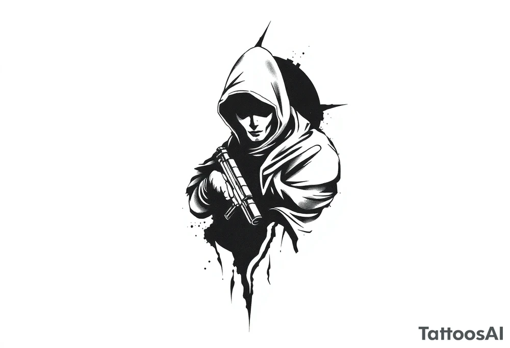 Minimalist covert operative symbolism representing loyalty and survival, faceless soldier silhouette emerging from darkness, torn fabric, subtle scars, controlled posture, black and grey realism, emotional restraint, understated strength, tattoo sleeve element. tattoo idea