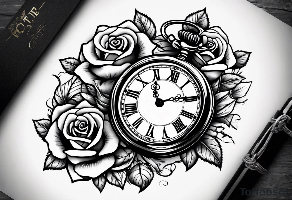 Pocket watch with chain and roses tattoo idea