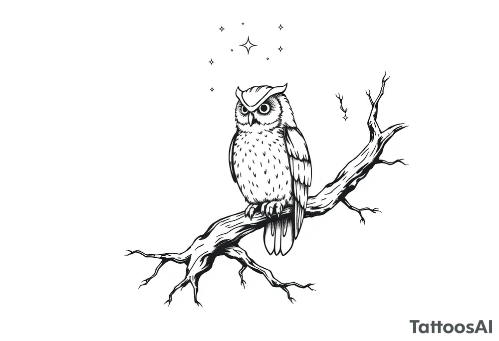 wise owl perched on ancient oak branch under starlit sky tattoo idea