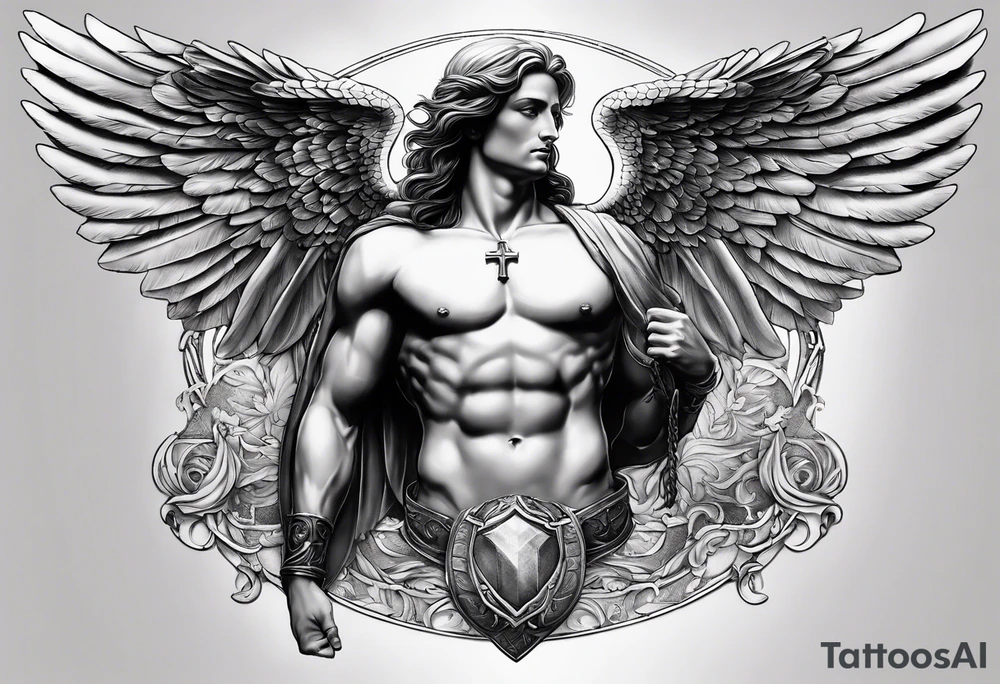 a chest piece that slightly subtly extends to left shoulder
archangel michael with a mix of davinci style tattoo idea