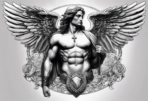 a chest piece that slightly subtly extends to left shoulder

archangel michael with a mix of davinci style tattoo idea