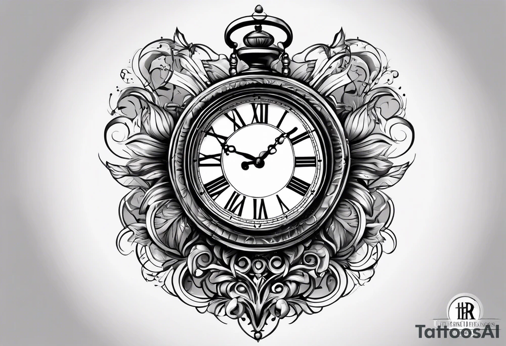 drawn a clock looks like an hourglass. they are surrounded by roman numerals. it is a black and white tattoo for the right shoulder of a man tattoo idea