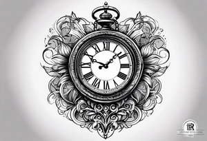 drawn a clock looks like an hourglass. they are surrounded by roman numerals. it is a black and white tattoo for the right shoulder of a man tattoo idea