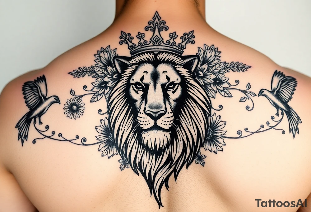 powerful majestic lion with a crown, surrounded by floral ornaments and birds tattoo idea