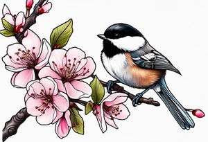 Chickadee on cherry blossom branch tattoo idea