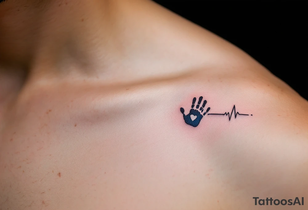 A heartbeat line in black ink ending in a tiny handprint shaded with light blue. tattoo idea