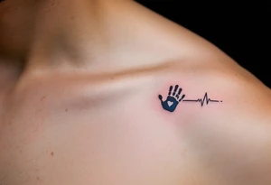 A heartbeat line in black ink ending in a tiny handprint shaded with light blue. tattoo idea
