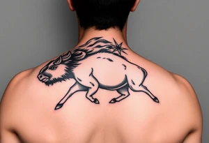 Feminine Buffalo side view running into a storm, Stanford logo as a brand, sunshine on the other side the buffalo is running towards tattoo idea