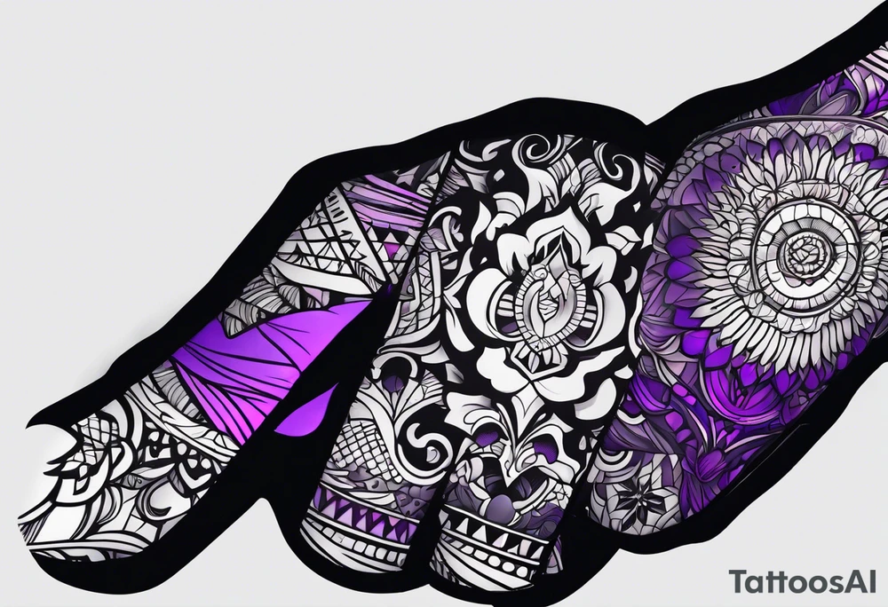 lines around wrist, abstract, black and purple, covered from wrist to forearm, fully covered, no borders, blackwork, no faces tattoo idea