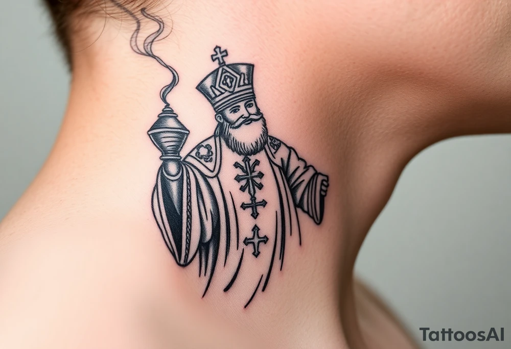 Russian Orthodox Priest in fully detailed vestment swinging a censer with smoke curling upward tattoo idea