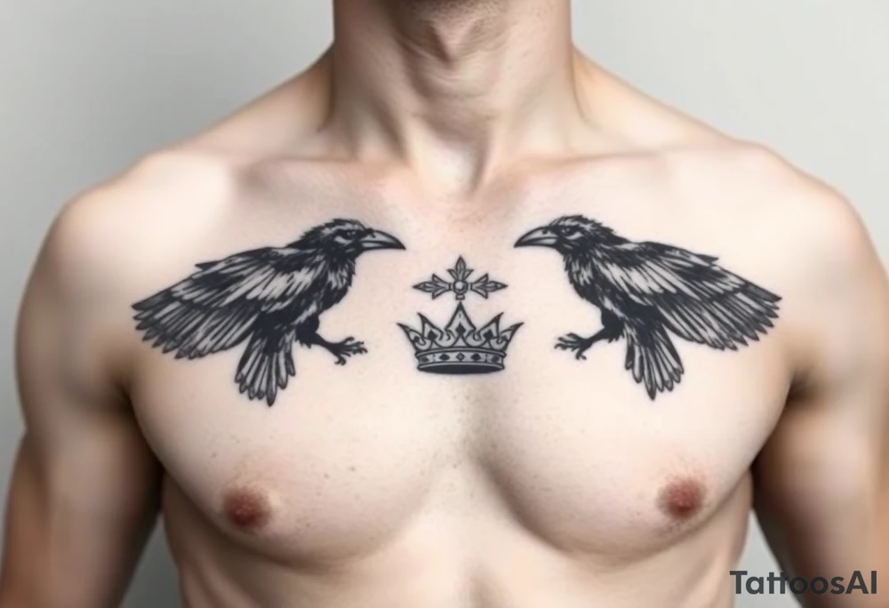 Chest tattoo, two ravens and icelandic symbols, dark brest tattoo, crown betwen ravens tattoo idea