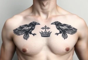 Chest tattoo, two ravens and icelandic symbols, dark brest tattoo, crown betwen ravens tattoo idea