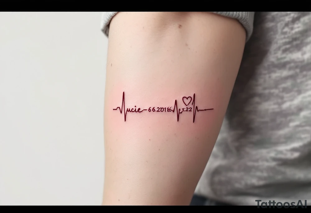 Delicate heartbeat line ending in "Lucie – 6.8.2016 v 2:22" in wine red ink. tattoo idea