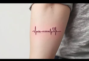 Delicate heartbeat line ending in "Lucie – 6.8.2016 v 2:22" in wine red ink. tattoo idea