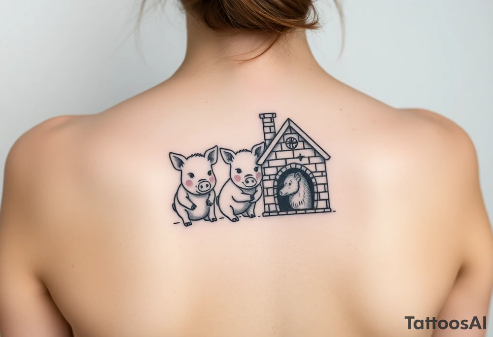 Three little pigs nursery rhyme hiding in a brick house from the big bad wolf tattoo idea