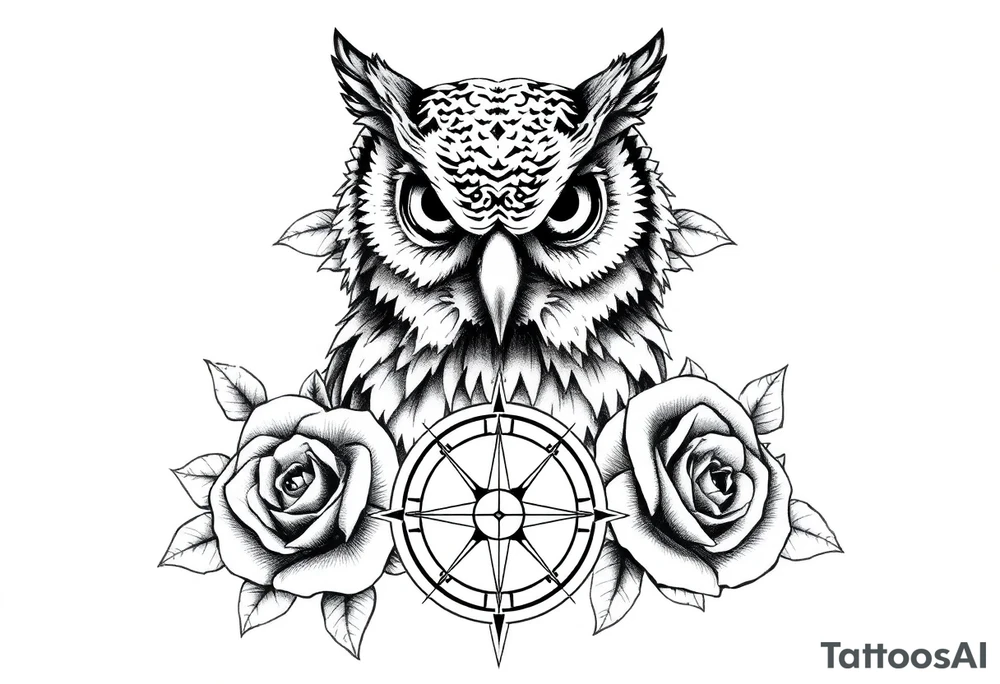 an owl,compass,roses, tattoo idea
