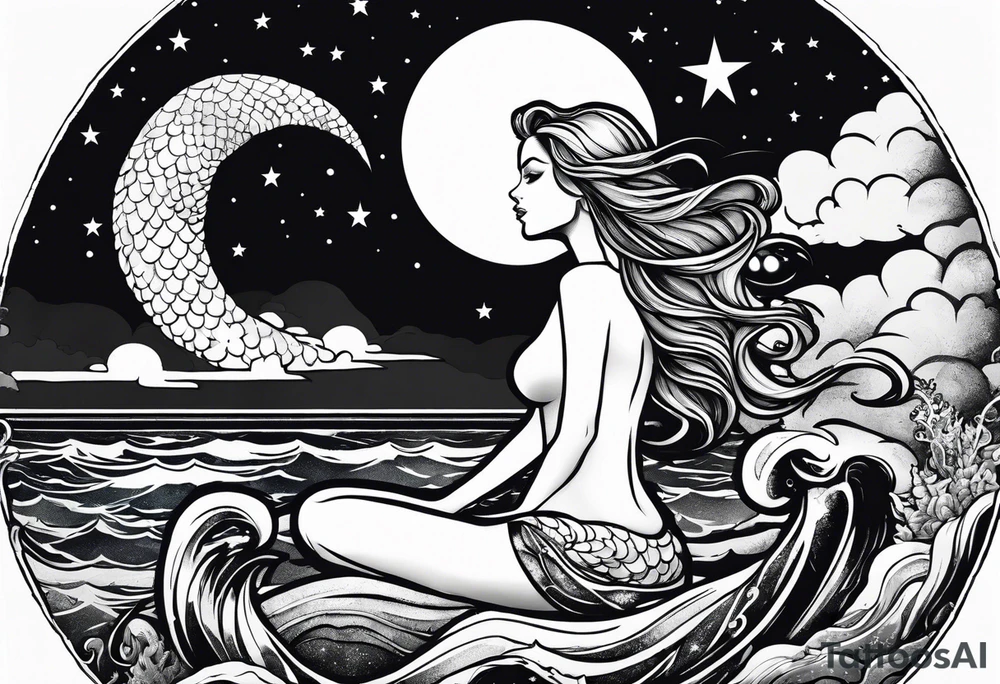 One evil mermaid and one good mermaid on a rock looking out into the night sky and ocean horizon tattoo idea