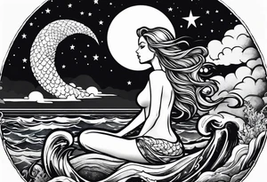 One evil mermaid and one good mermaid on a rock looking out into the night sky and ocean horizon tattoo idea